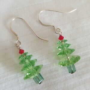 Silver Red Green Christmas Tree Glass Bead Dangly Earrings